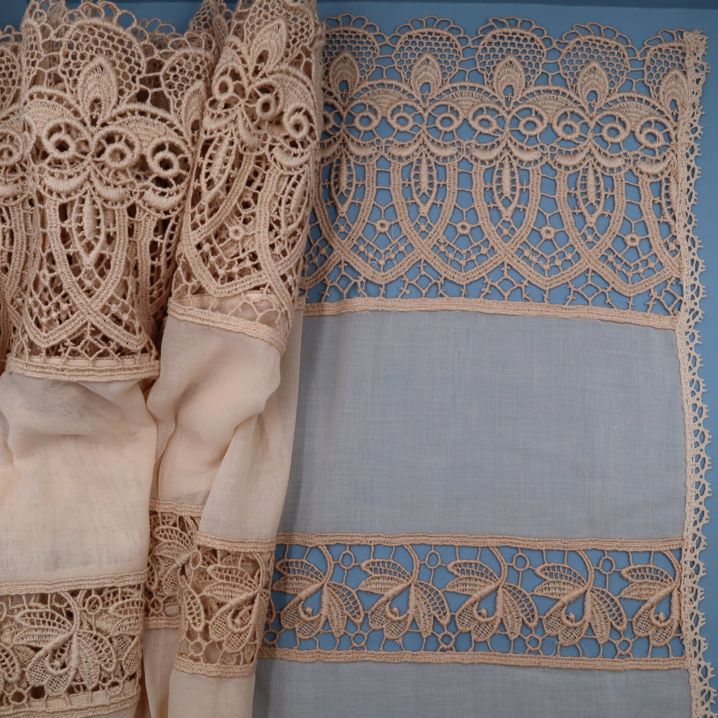 Antique Belgian Linen Curtain – 300 × 200 cm Swiss Linen Panel with Bruges Guipure Lace Border and Insertion