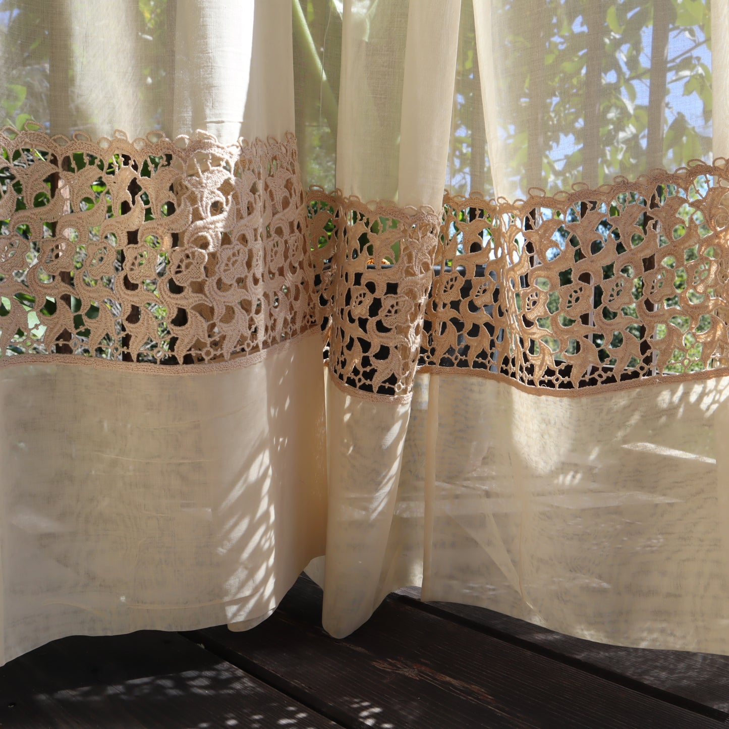 Antique Belgian Linen Curtain – 300 × 190 cm Swiss Linen Panel with Bruges Guipure Lace