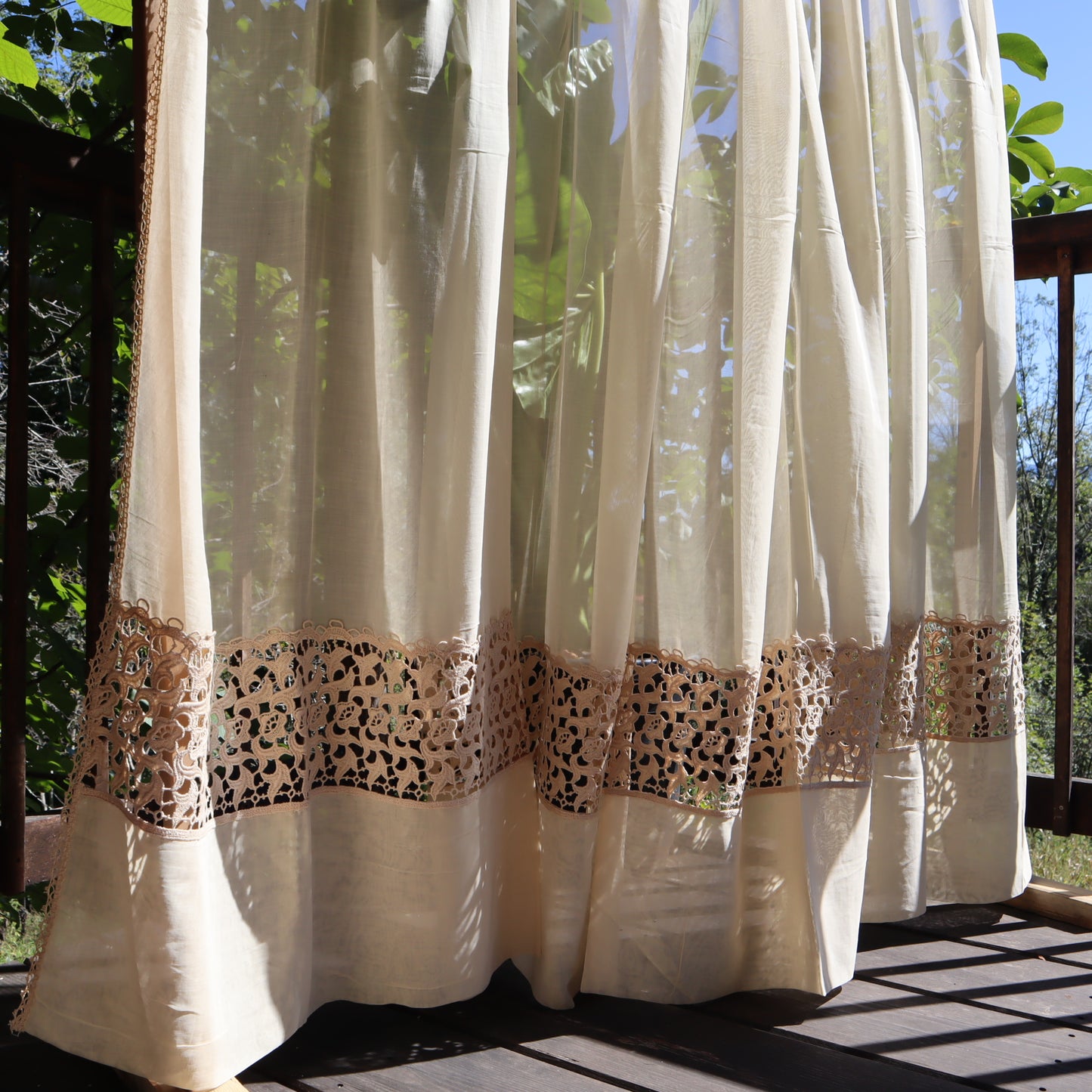 Antique Belgian Linen Curtain – 300 × 190 cm Swiss Linen Panel with Bruges Guipure Lace