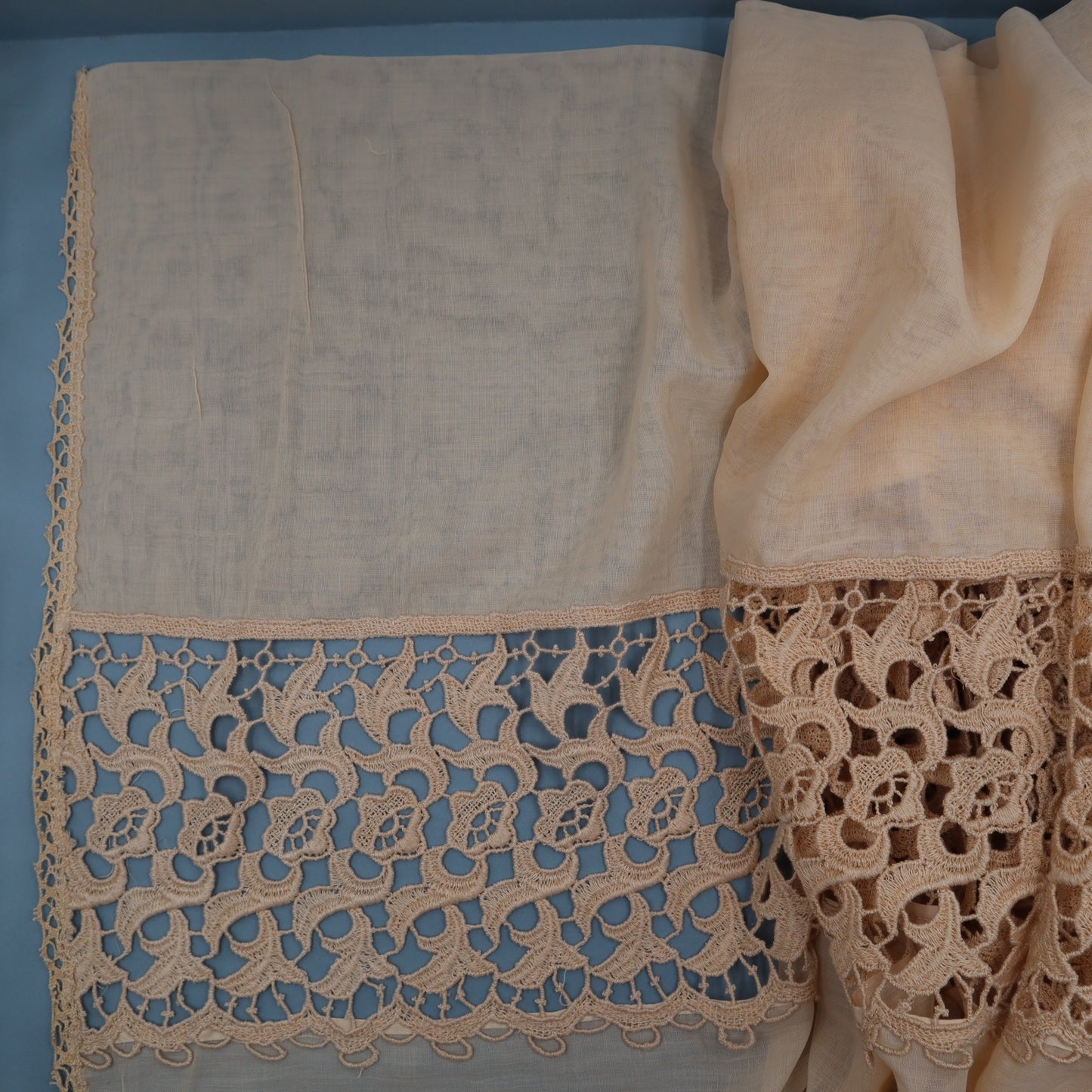 Antique Belgian Linen Curtain – 300 × 190 cm Swiss Linen Panel with Bruges Guipure Lace