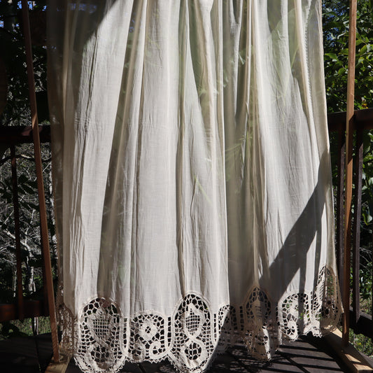 Antique Belgian Linen Curtain – 210 × 200 cm Swiss Linen Panel with Handmade Bruges Renaissance Lace Border
