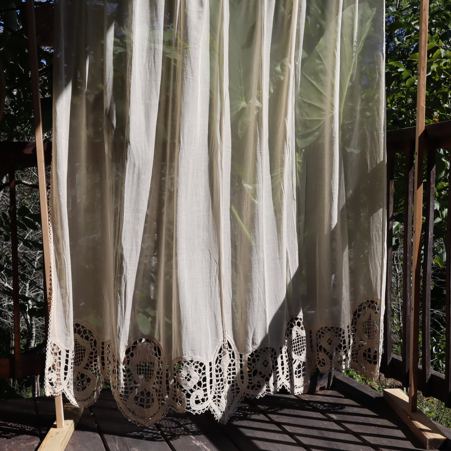 Antique Belgian Linen Curtain – 210 × 200 cm Swiss Linen Panel with Handmade Bruges Renaissance Lace Border