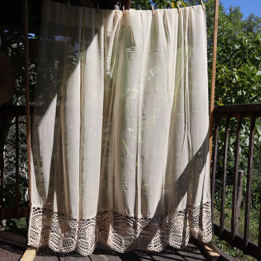 Antique Belgian Linen Curtain – 190 × 200 cm Swiss Linen Panel with 30 cm Handmade Bruges Renaissance Lace Border