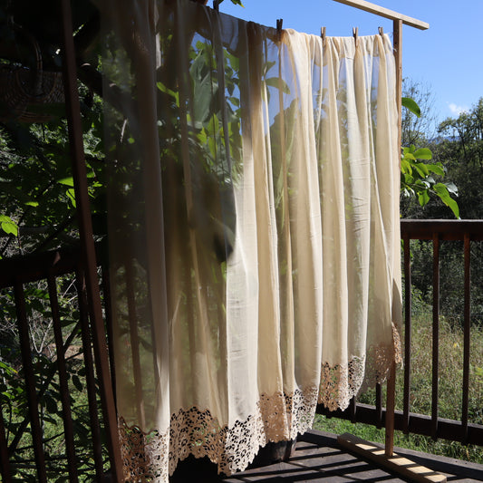 Antique Belgian Linen Curtain – 270 × 150 cm Swiss Linen Panel with 20 cm Bruges Guipure Lace Border