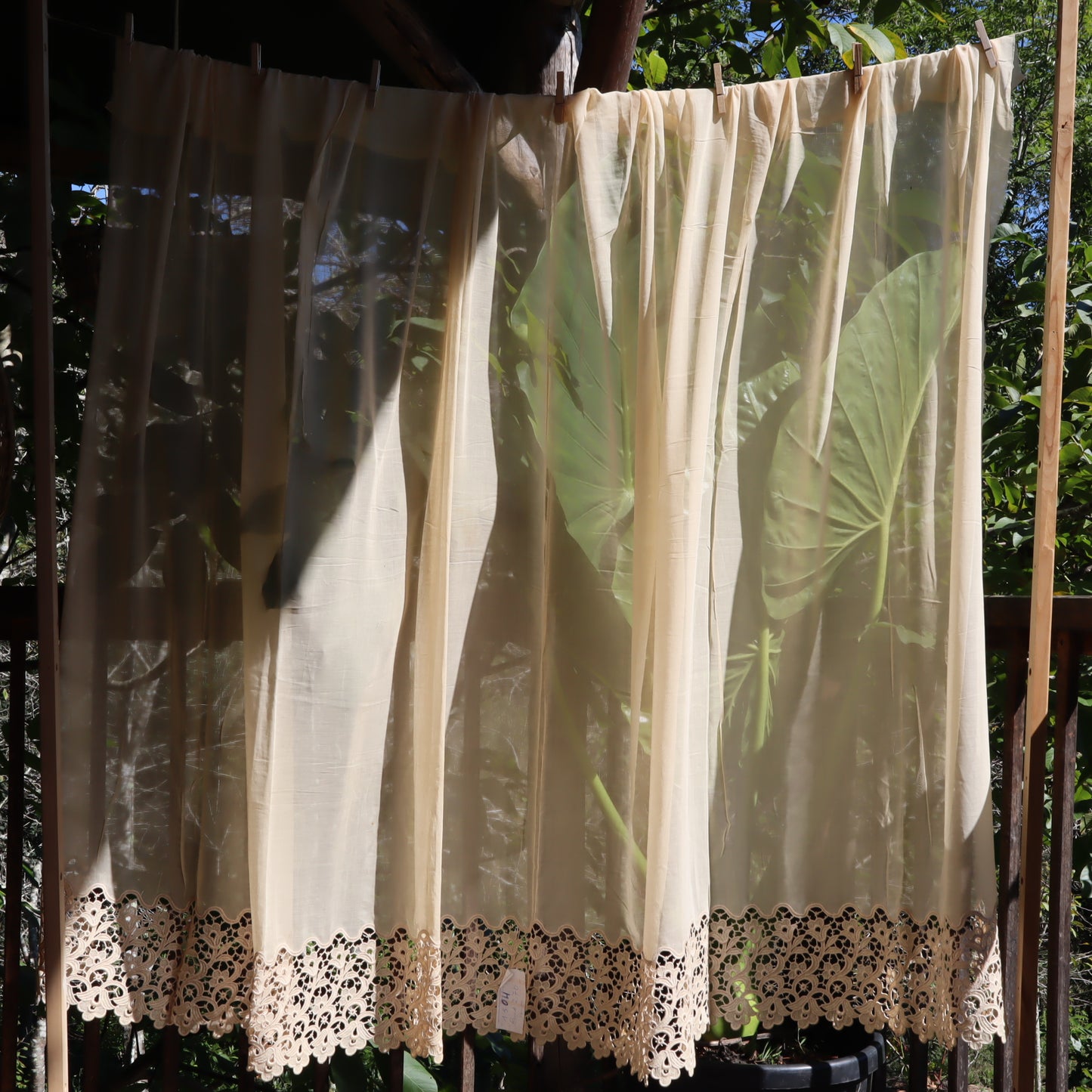 Antique Belgian Linen Curtain – 270 × 150 cm Swiss Linen Panel with 20 cm Bruges Guipure Lace Border