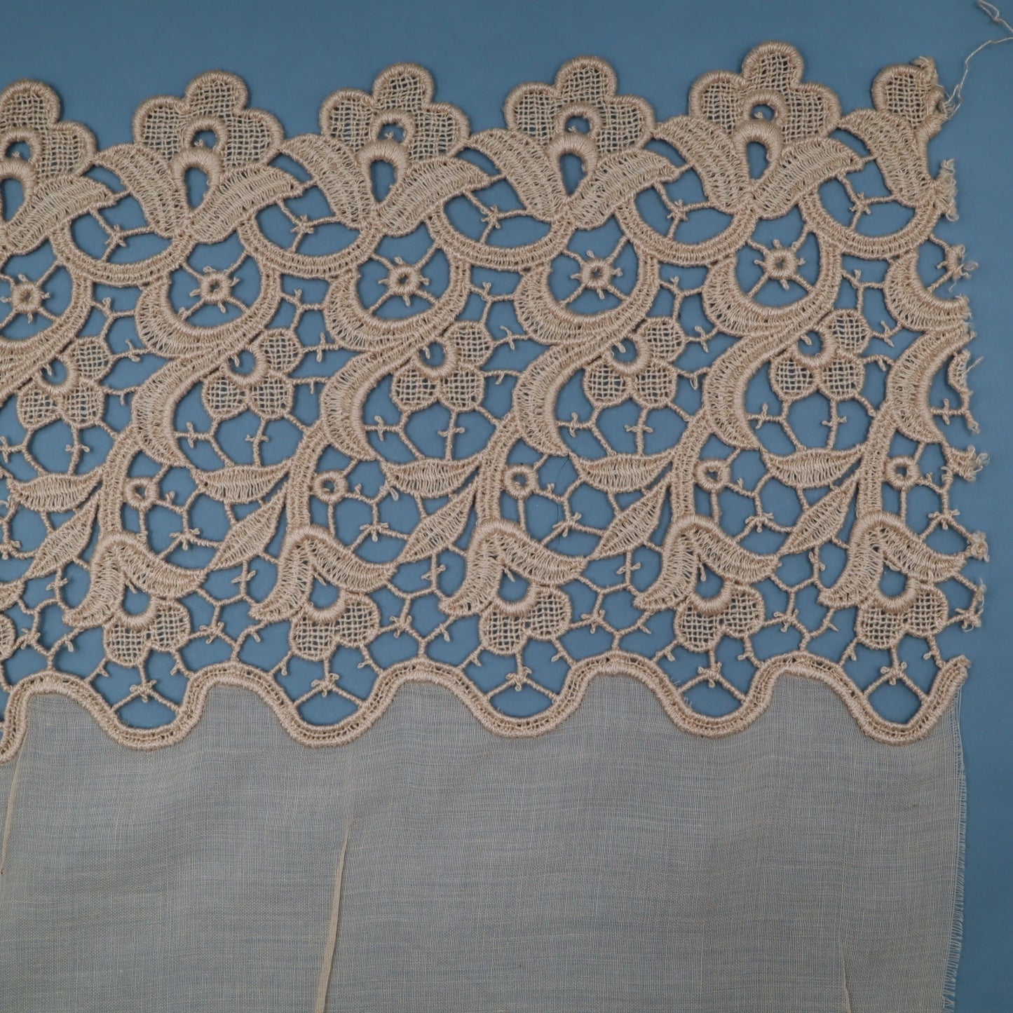 Antique Belgian Linen Curtain – 270 × 150 cm Swiss Linen Panel with 20 cm Bruges Guipure Lace Border