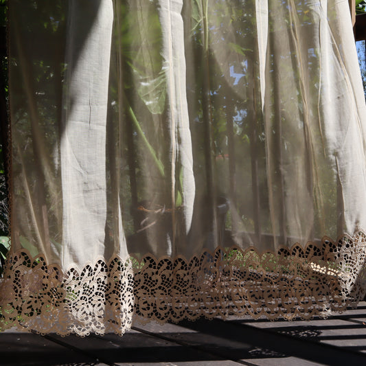 Antique Belgian Linen Curtain – 150 × 180 cm Swiss Linen Panel with Bruges Guipure Lace Border