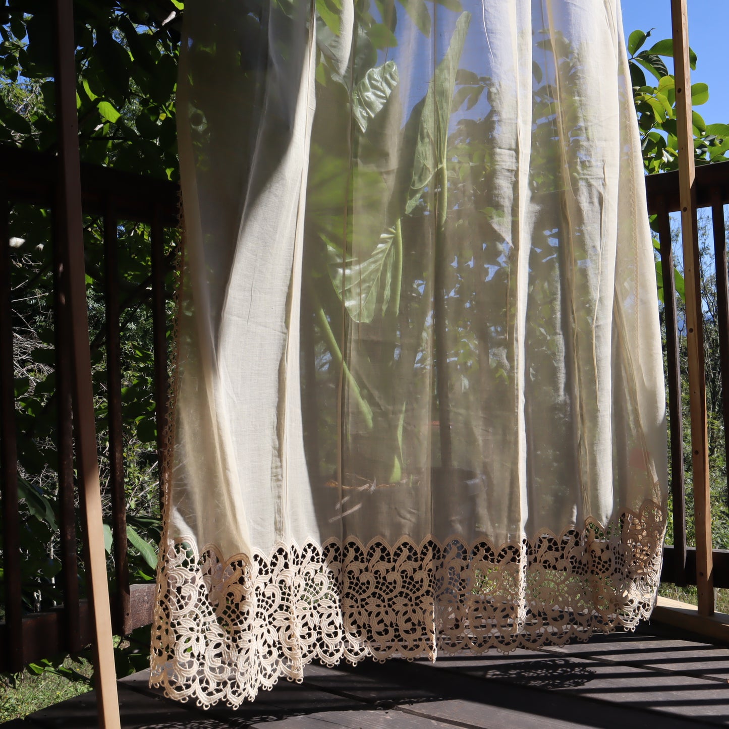 Antique Belgian Linen Curtain – 150 × 180 cm Swiss Linen Panel with Bruges Guipure Lace Border