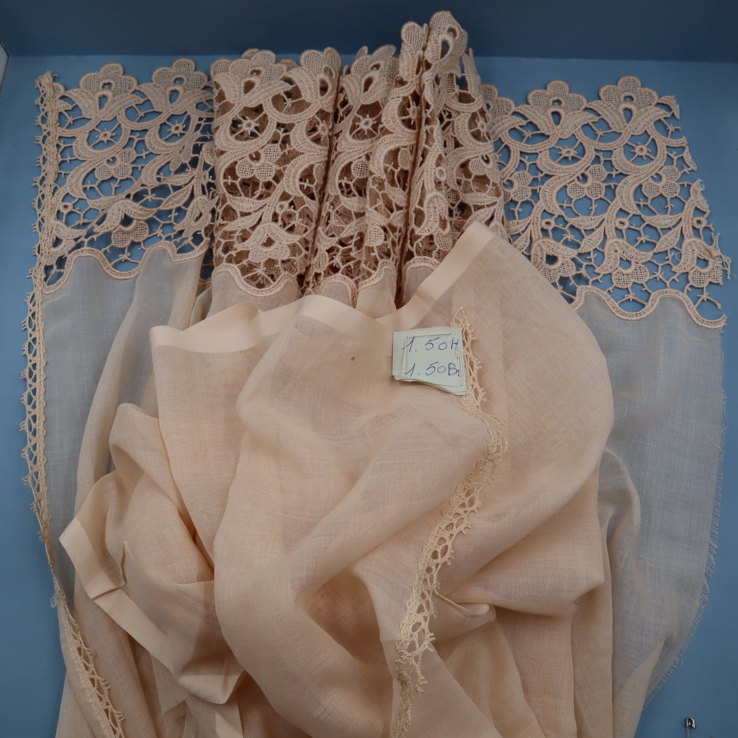 Antique Belgian Linen Curtain – 150 × 150 cm Swiss Linen Panel with 20 cm Bruges Guipure Lace Border
