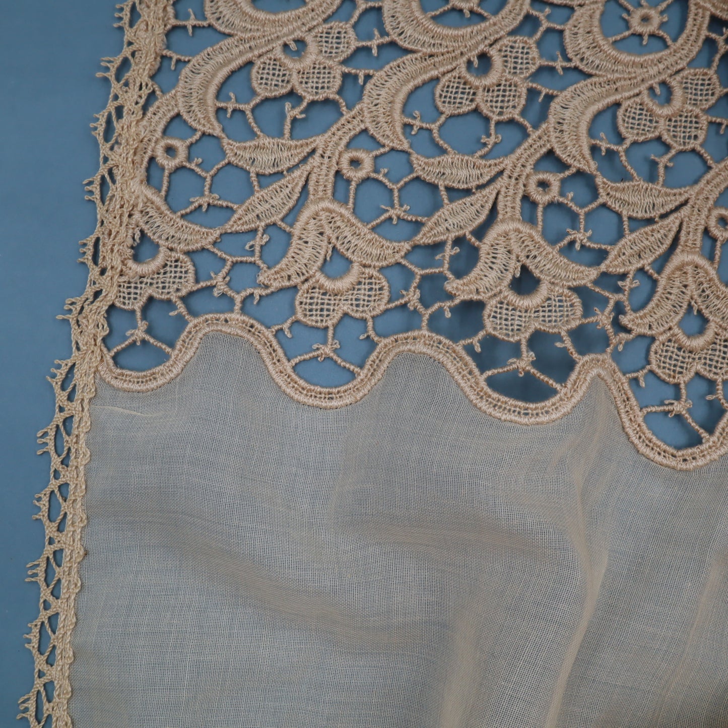 Antique Belgian Linen Curtain – 150 × 150 cm Swiss Linen Panel with 20 cm Bruges Guipure Lace Border
