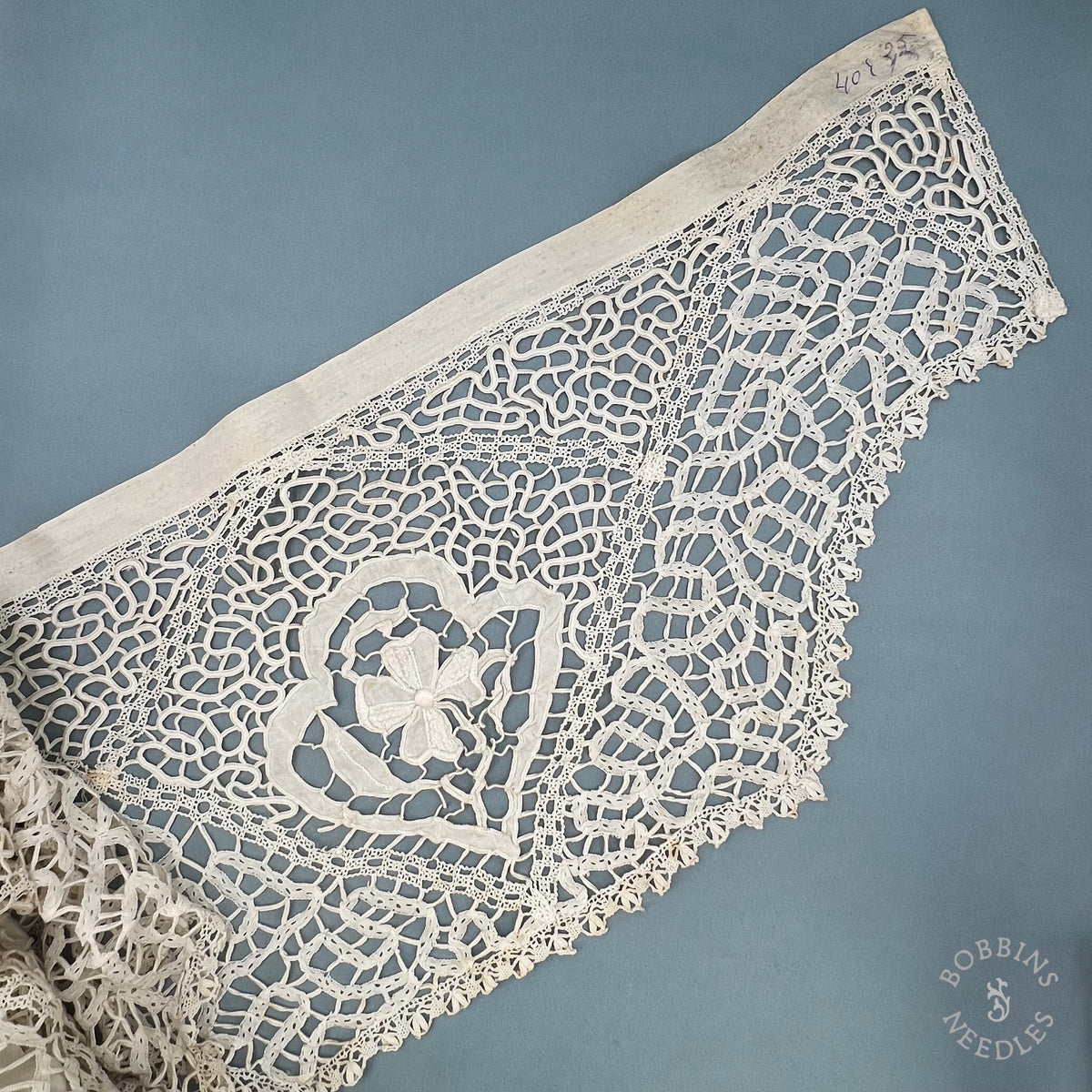 Antique Handmade Tape Lace Panel with Embroidered Flowers – 250 × 30 cm