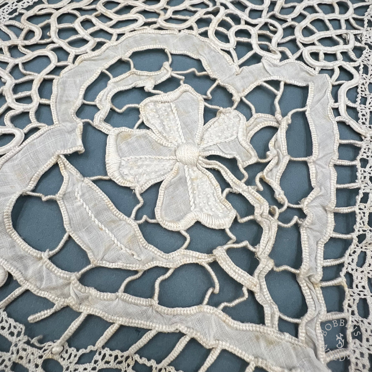 Antique Handmade Tape Lace Panel with Embroidered Flowers – 250 × 30 cm
