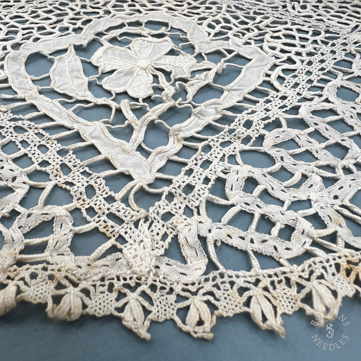 Antique Handmade Tape Lace Panel with Embroidered Flowers – 250 × 30 cm