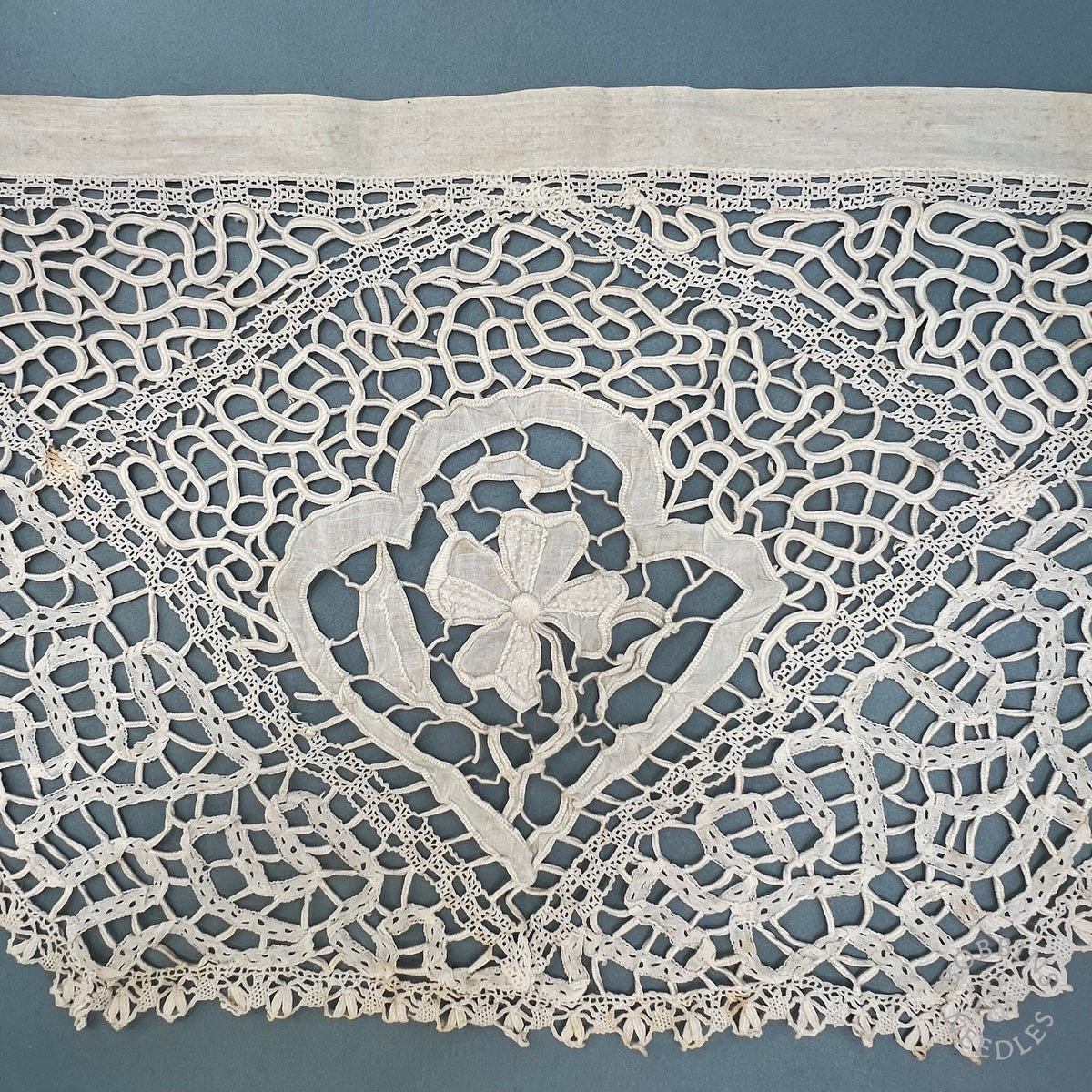 Antique Handmade Tape Lace Panel with Embroidered Flowers – 250 × 30 cm