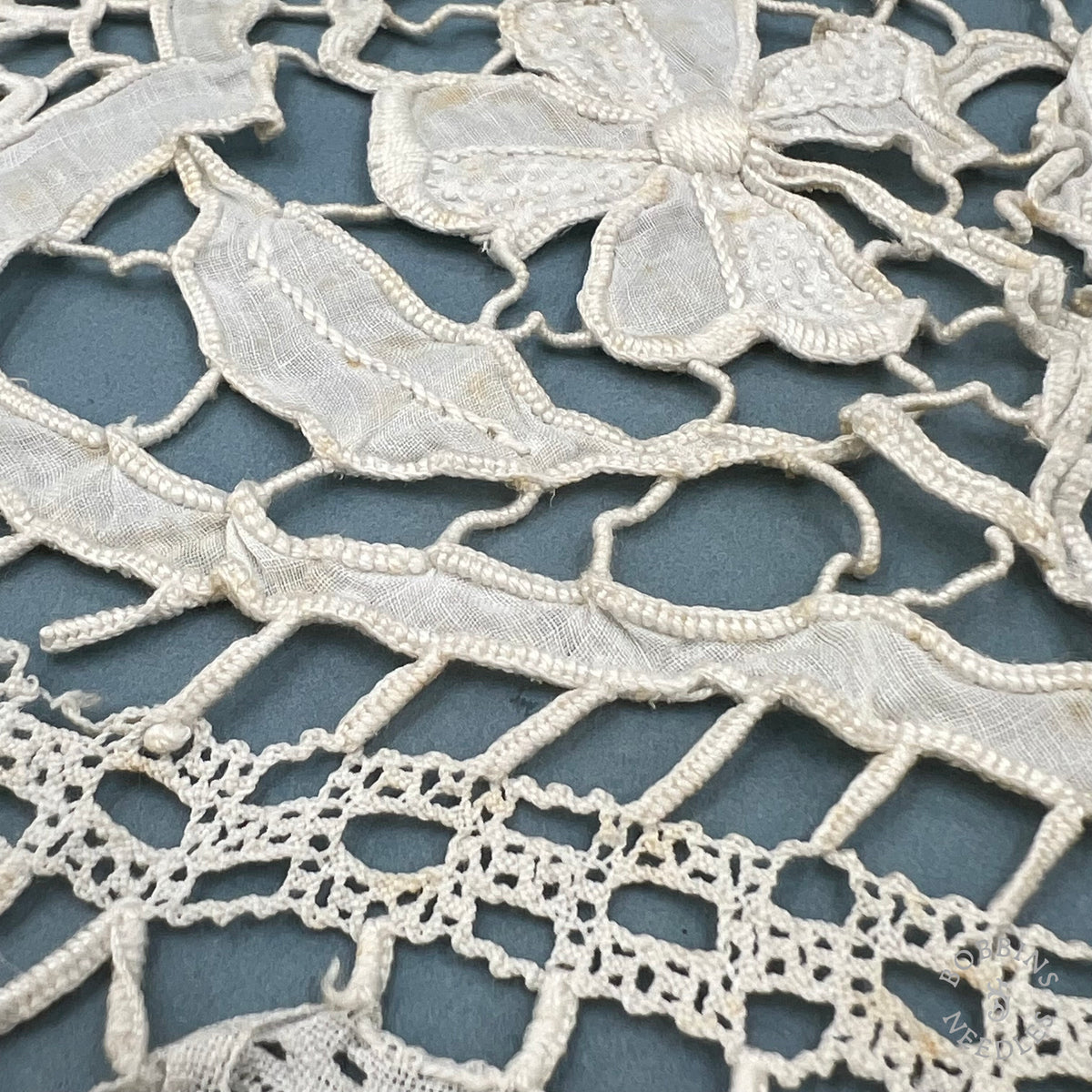 Antique Handmade Tape Lace Panel with Embroidered Flowers – 250 × 30 cm