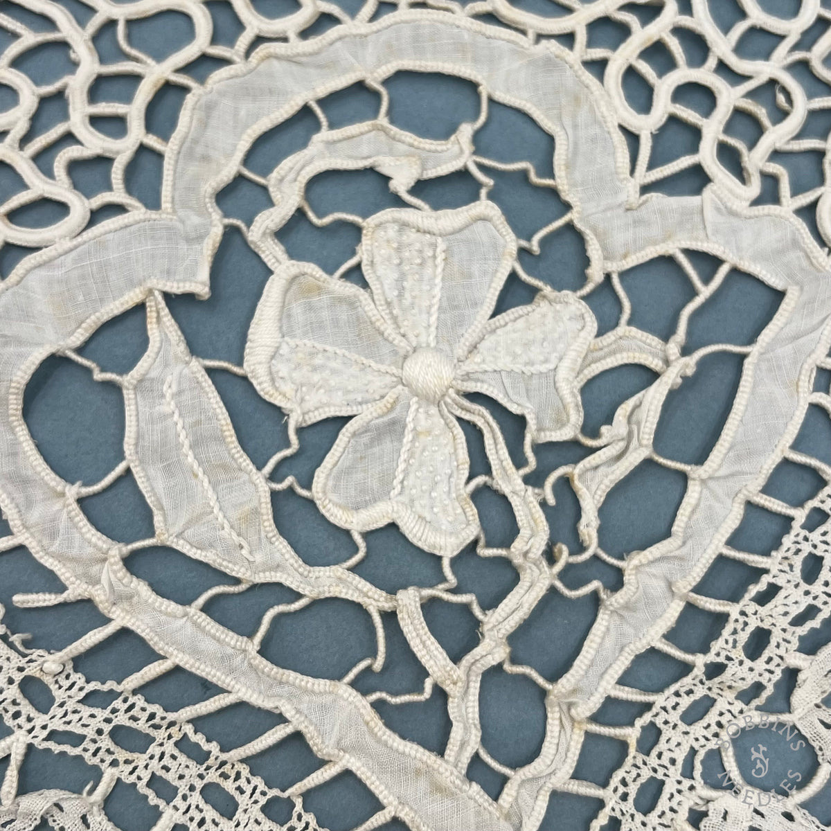 Antique Handmade Tape Lace Panel with Embroidered Flowers – 250 × 30 cm
