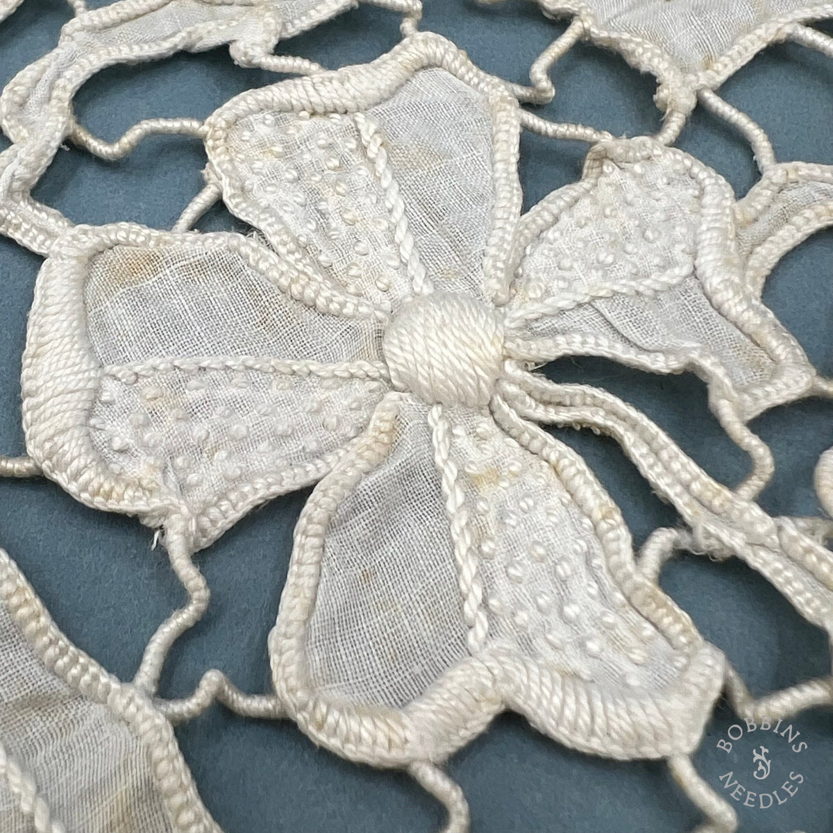 Antique Handmade Tape Lace Panel with Embroidered Flowers – 250 × 30 cm