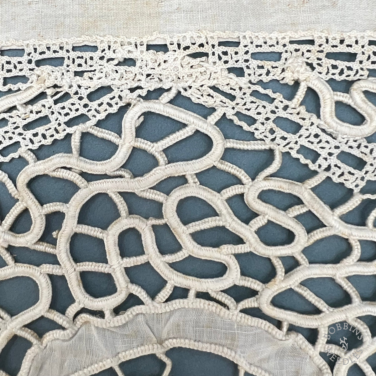 Antique Handmade Tape Lace Panel with Embroidered Flowers – 250 × 30 cm