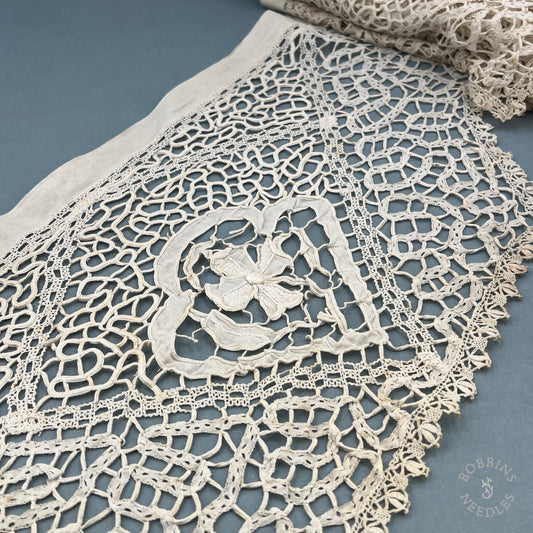 Antique Handmade Tape Lace Panel with Embroidered Flowers – 250 × 30 cm