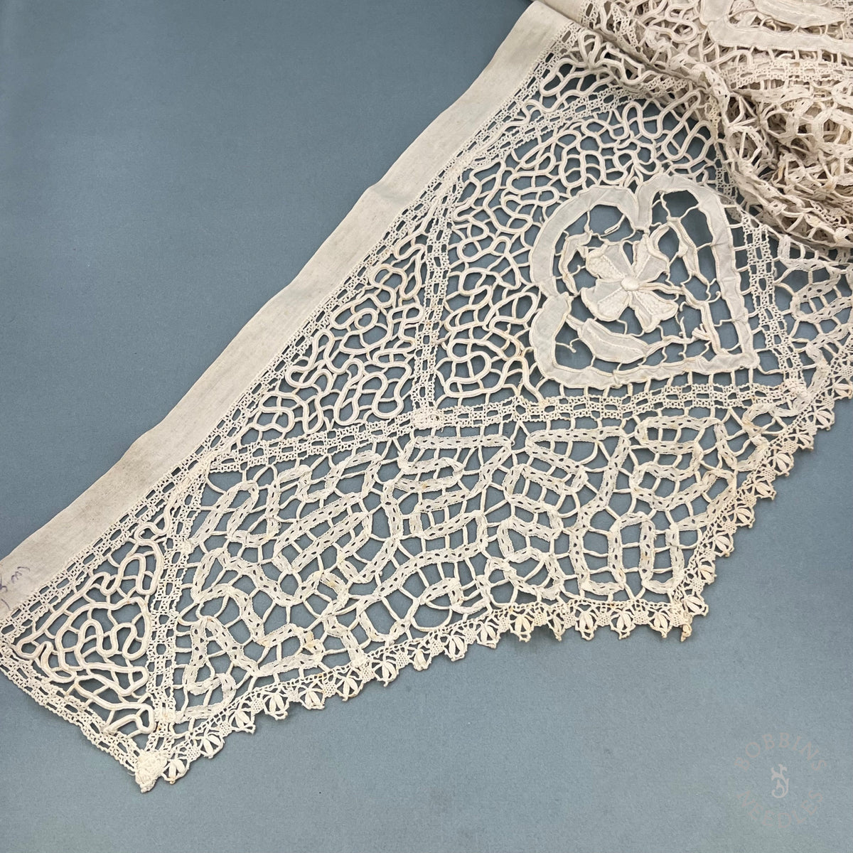 Antique Handmade Tape Lace Panel with Embroidered Flowers – 250 × 30 cm