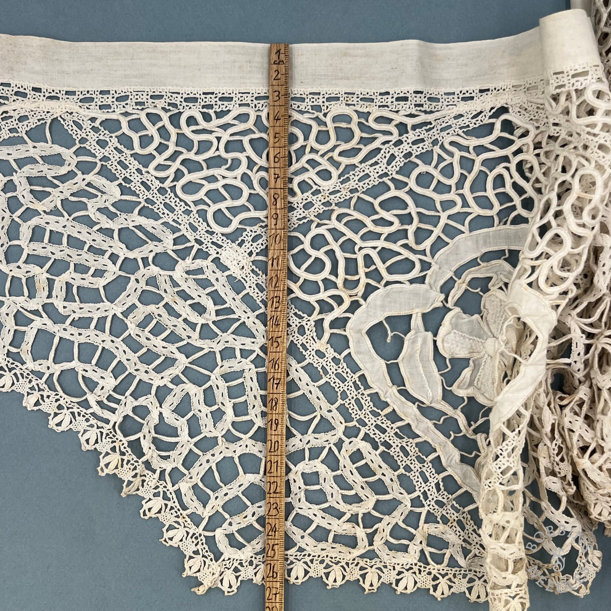 Antique Handmade Tape Lace Panel with Embroidered Flowers – 250 × 30 cm