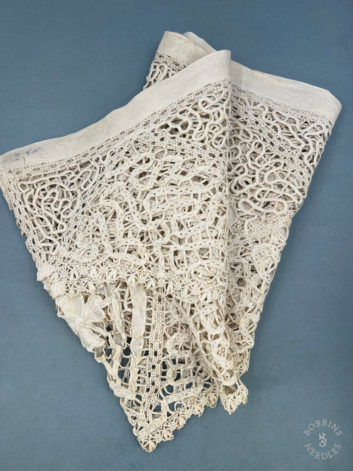 Antique Handmade Tape Lace Panel with Embroidered Flowers – 250 × 30 cm