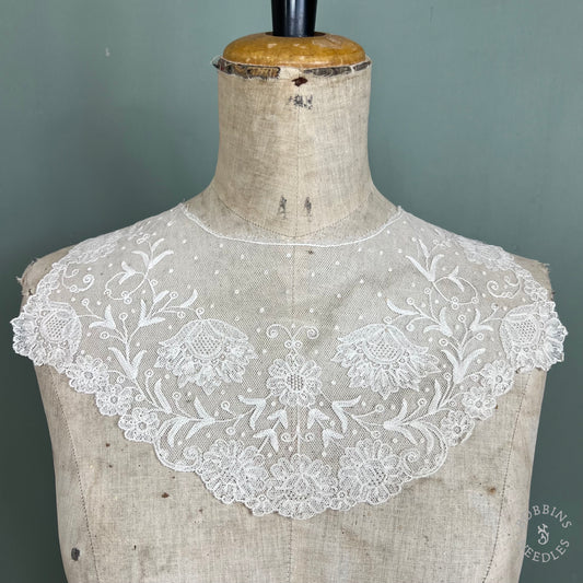 Antique Floral Embroidered Tulle Lace Collar – Brussels Appliqué Style