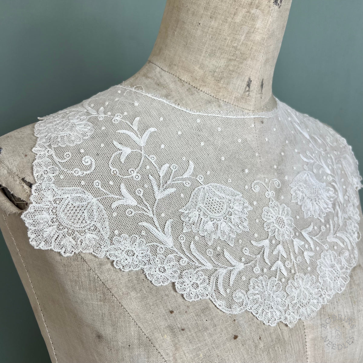 Antique Floral Embroidered Tulle Lace Collar – Brussels Appliqué Style