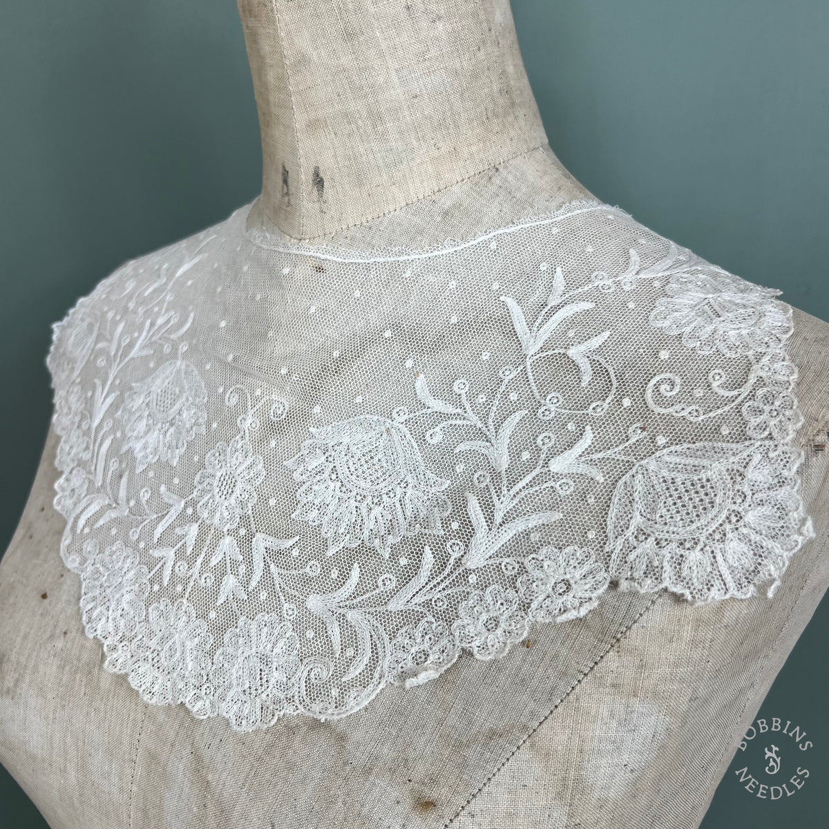 Antique Floral Embroidered Tulle Lace Collar – Brussels Appliqué Style