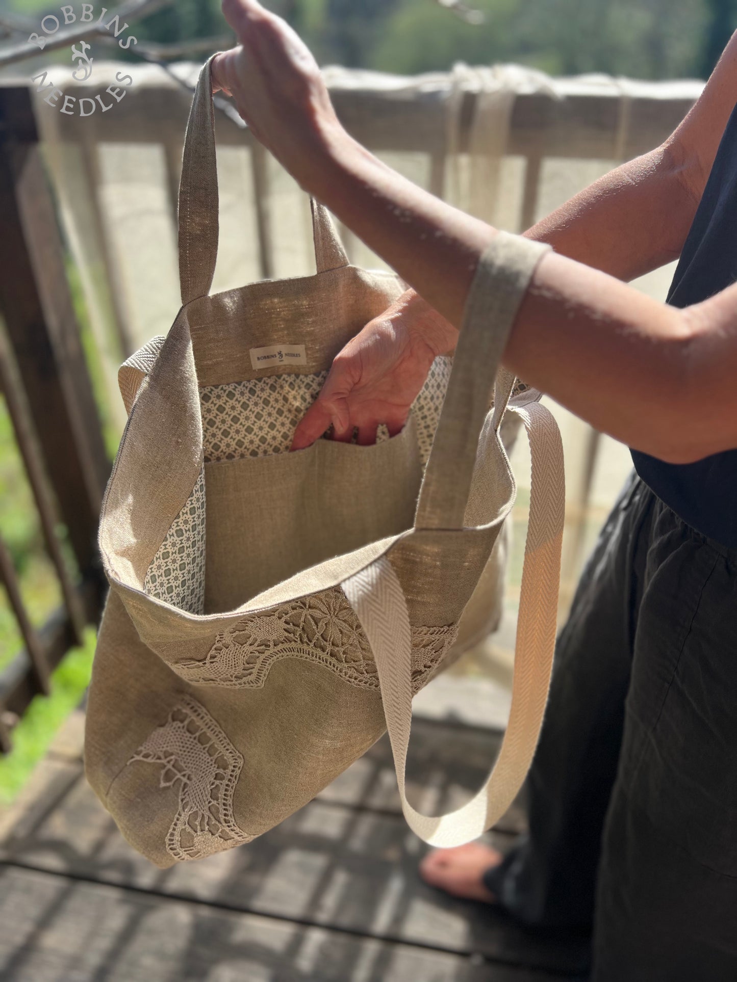 Large Tote Bag in Vintage Belgian Linen | Handmade Limited Edition | Taupe Grey - Bobbins&Needles