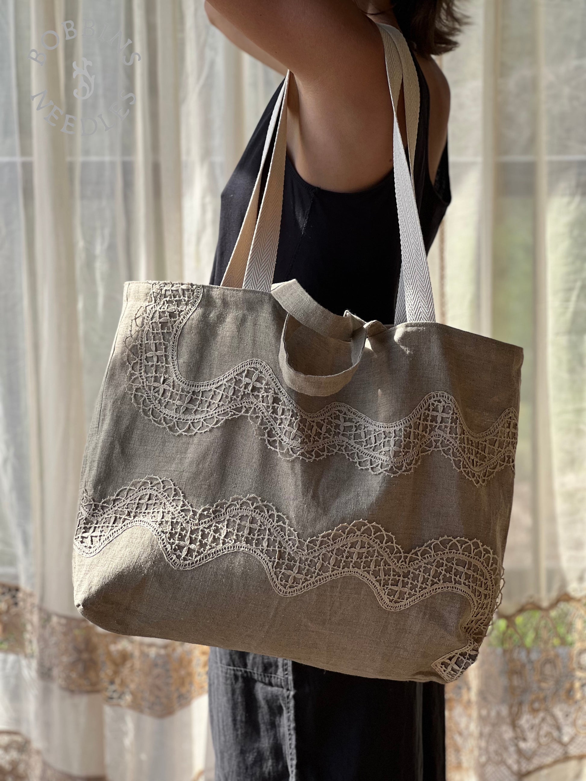 Large Tote Bag in Vintage Belgian Linen | Handmade Limited Edition - Bobbins&Needles