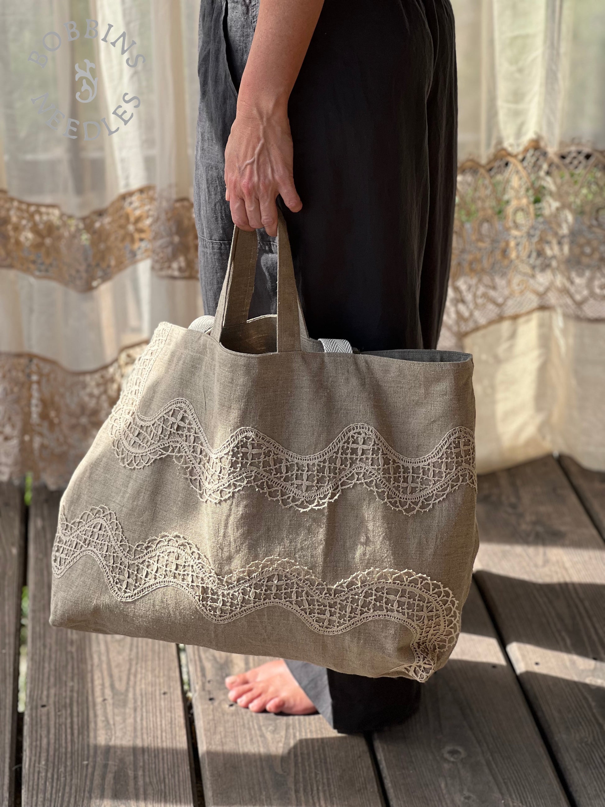 Large Tote Bag in Vintage Belgian Linen | Handmade Limited Edition - Bobbins&Needles