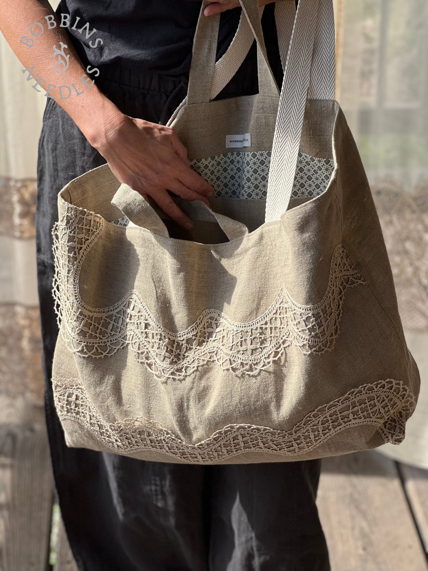 Large Tote Bag in Vintage Belgian Linen | Handmade Limited Edition - Bobbins&Needles