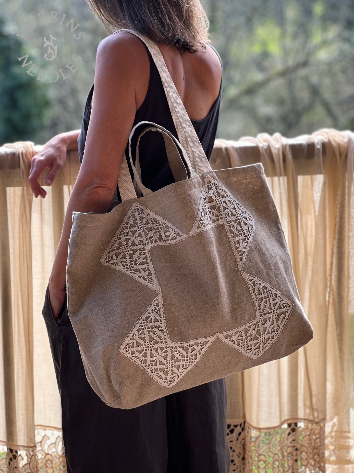 Large Tote Bag in Vintage Belgian Linen | Handmade Limited Edition | Taupe Grey - Bobbins&Needles