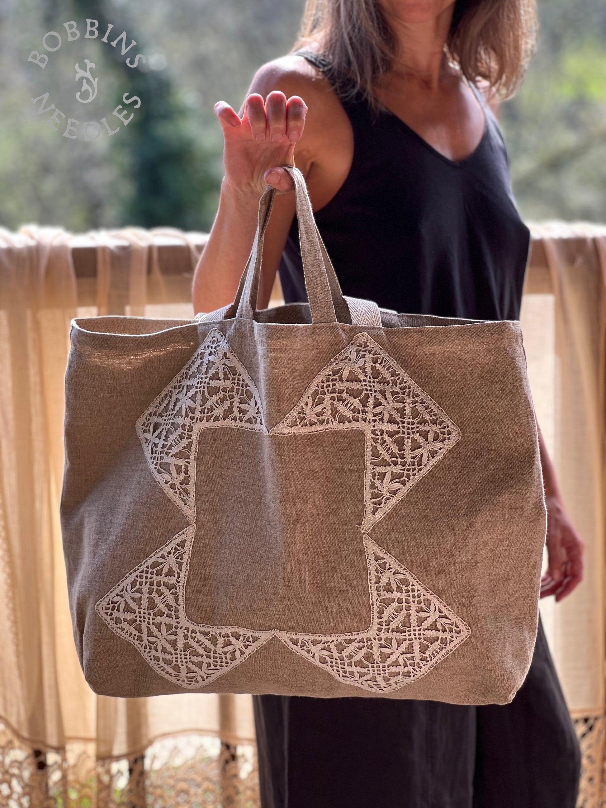 Large Tote Bag in Vintage Belgian Linen | Handmade Limited Edition | Taupe Grey - Bobbins&Needles