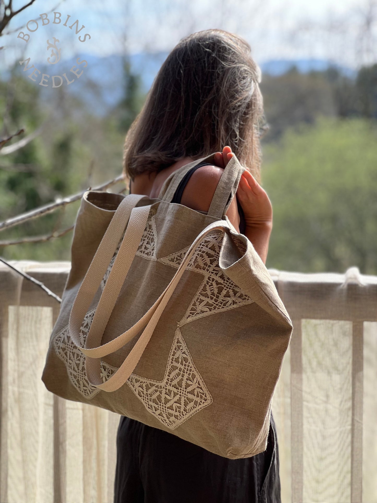 Large Tote Bag in Vintage Belgian Linen | Handmade Limited Edition | Taupe Grey - Bobbins&Needles