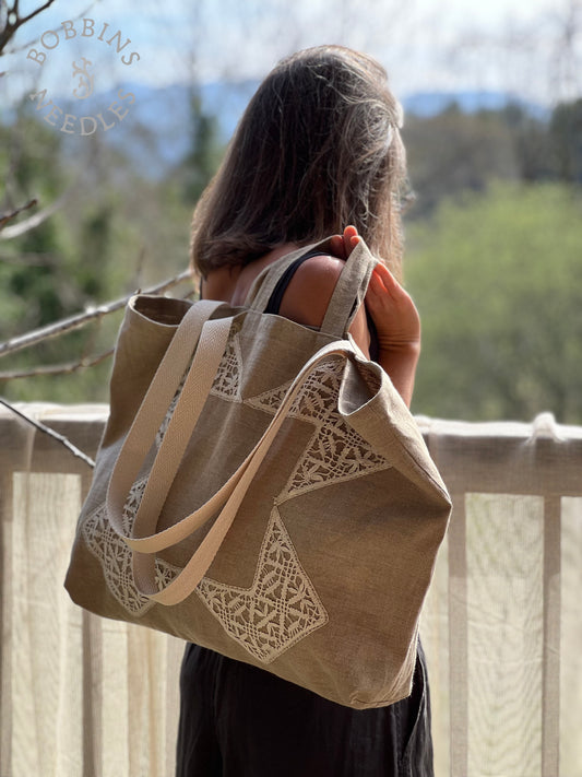 Large Tote Bag in Vintage Belgian Linen | Handmade Limited Edition | Taupe Grey - Bobbins&Needles