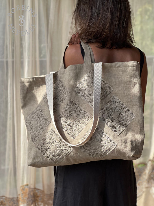Large Tote Bag in Vintage Belgian Linen | Handmade Limited Edition - Bobbins&Needles