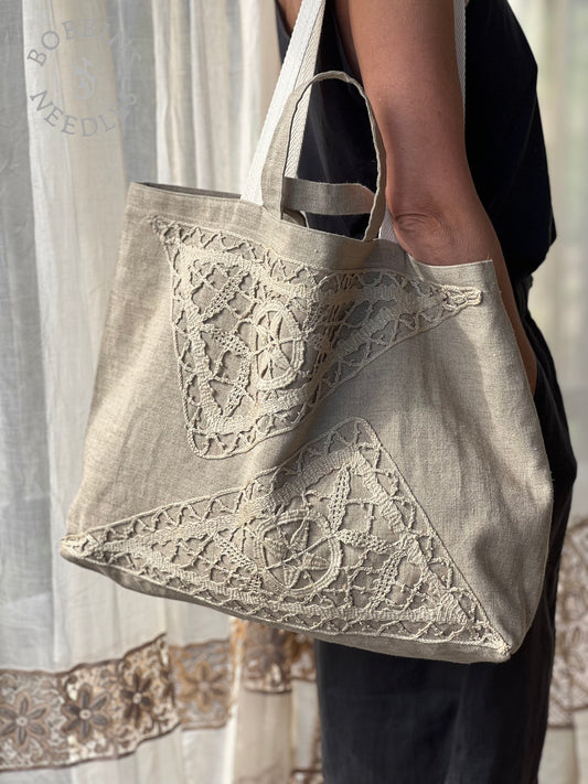 Large Tote Bag in Vintage Belgian Linen | Handmade Limited Edition | Taupe Grey - Bobbins&Needles