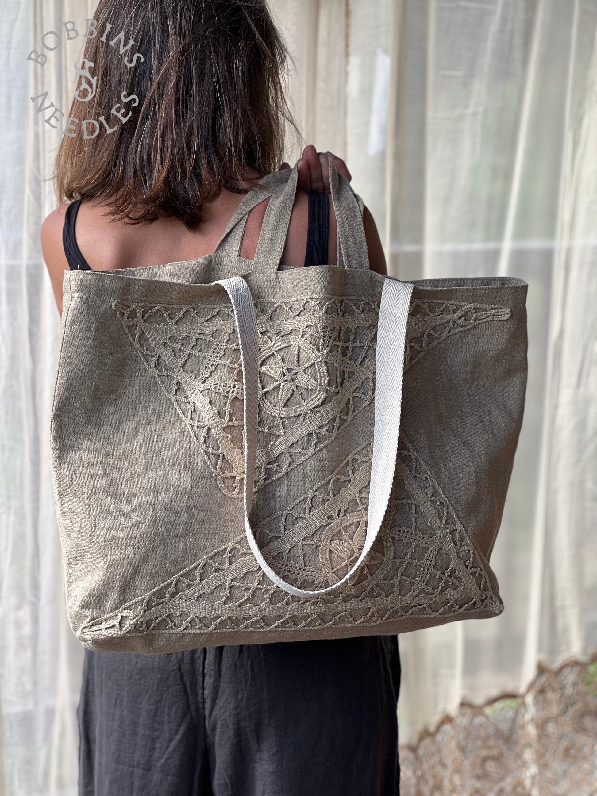 Large Tote Bag in Vintage Belgian Linen | Handmade Limited Edition | Taupe Grey - Bobbins&Needles