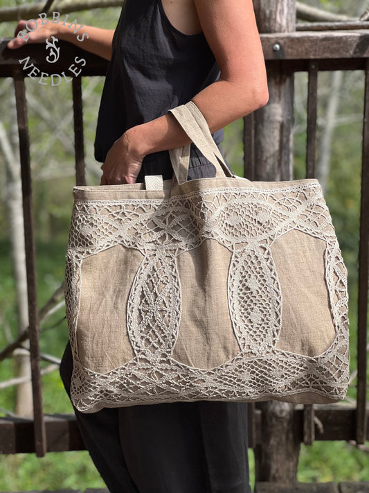 Large Tote Bag in Vintage Belgian Linen | Handmade Limited Edition | Taupe Grey - Bobbins&Needles