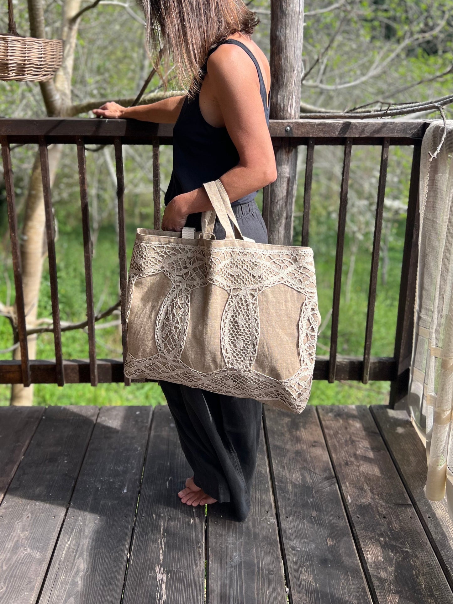 Large Tote Bag in Vintage Belgian Linen | Handmade Limited Edition | Taupe Grey - Bobbins&Needles