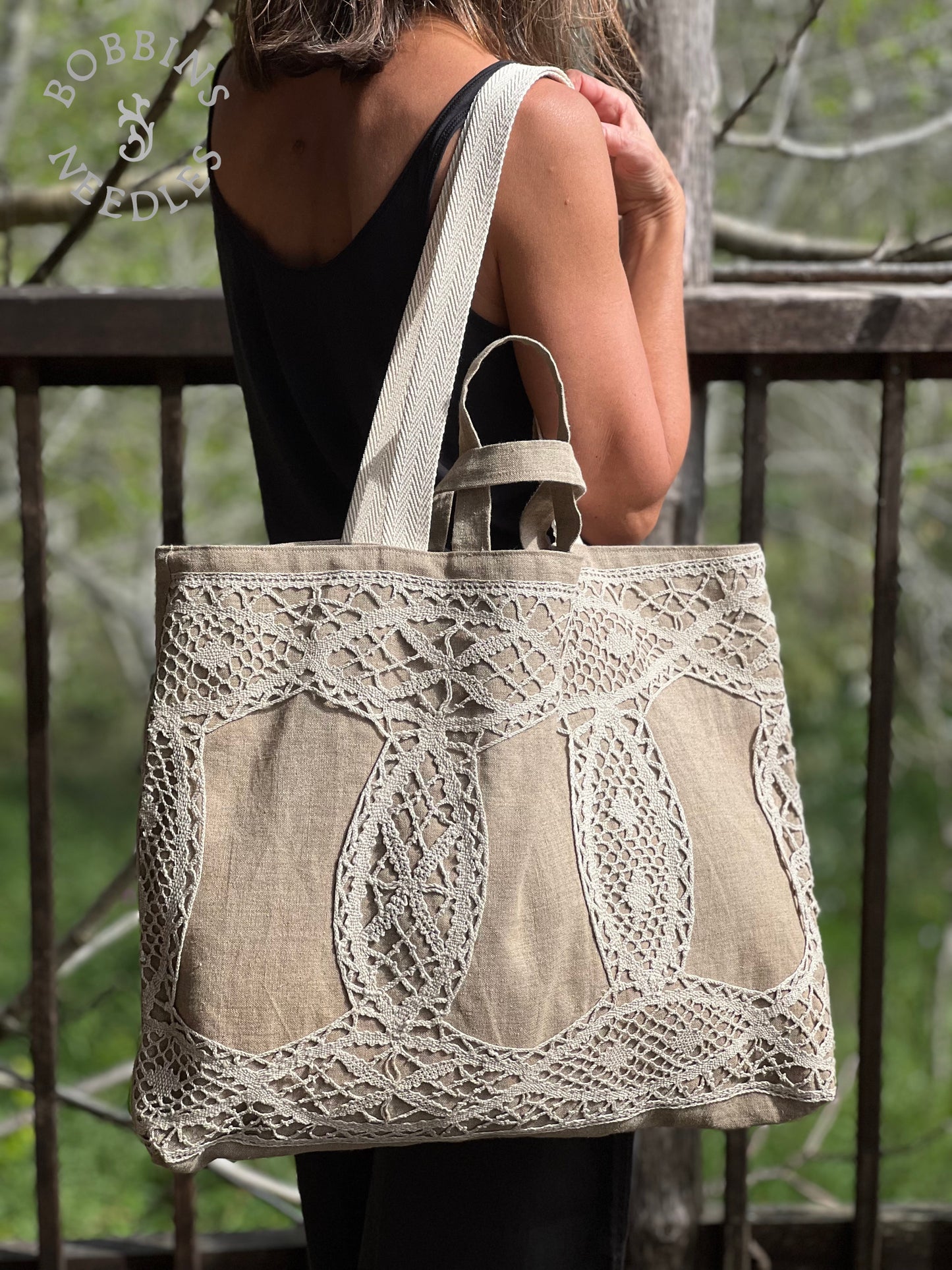 Large Tote Bag in Vintage Belgian Linen | Handmade Limited Edition | Taupe Grey - Bobbins&Needles