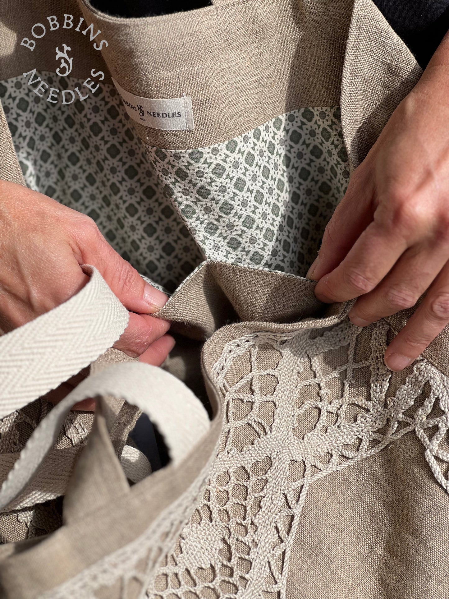 Large Tote Bag in Vintage Belgian Linen | Handmade Limited Edition | Taupe Grey - Bobbins&Needles