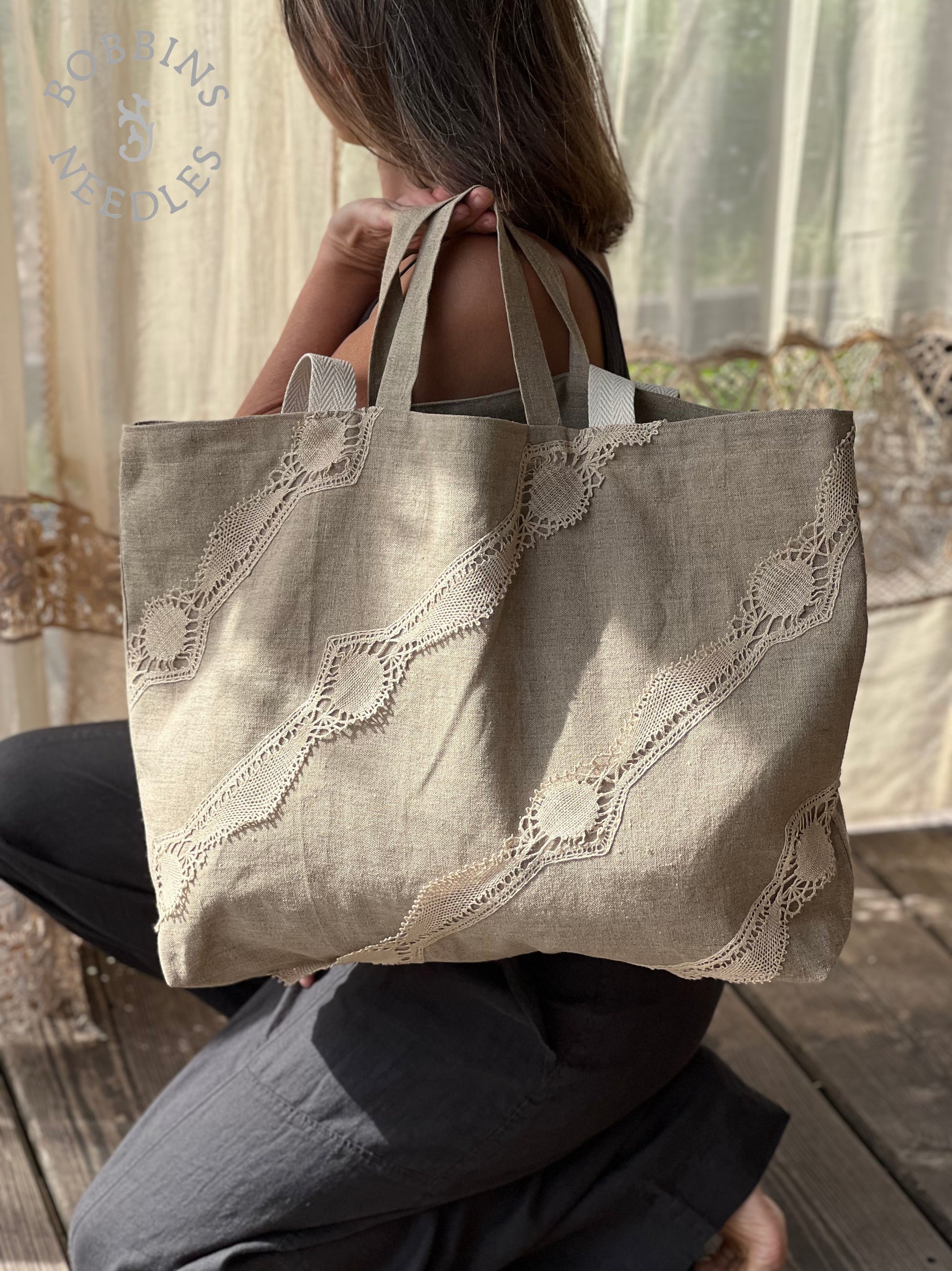 Large Tote Bag in Vintage Belgian Linen | Handmade Limited Edition - Bobbins&Needles