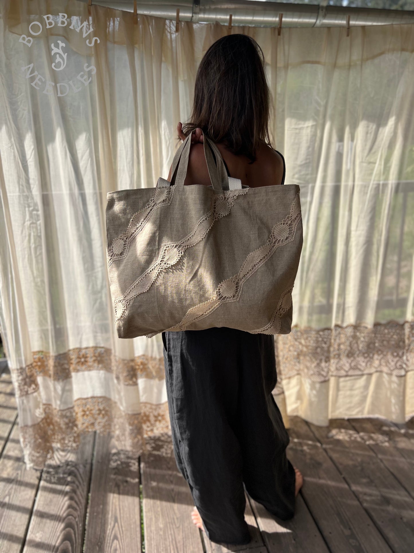 Large Tote Bag in Vintage Belgian Linen | Handmade Limited Edition - Bobbins&Needles