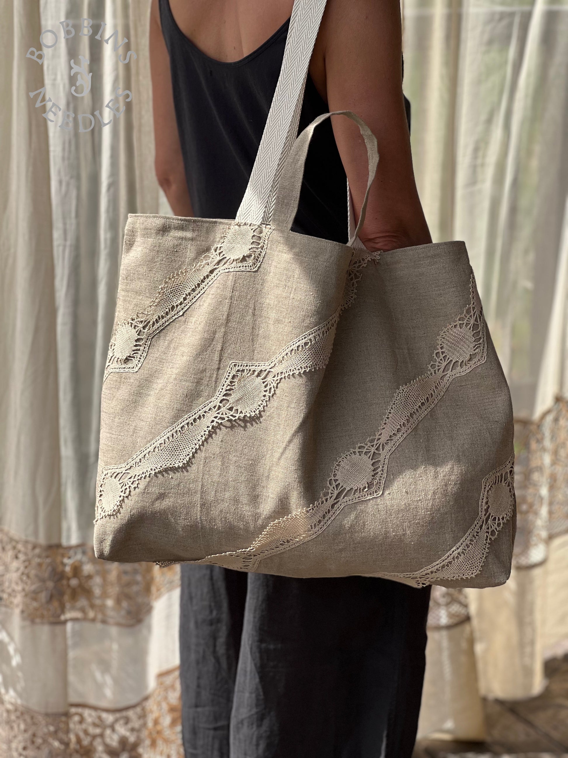 Large Tote Bag in Vintage Belgian Linen | Handmade Limited Edition - Bobbins&Needles