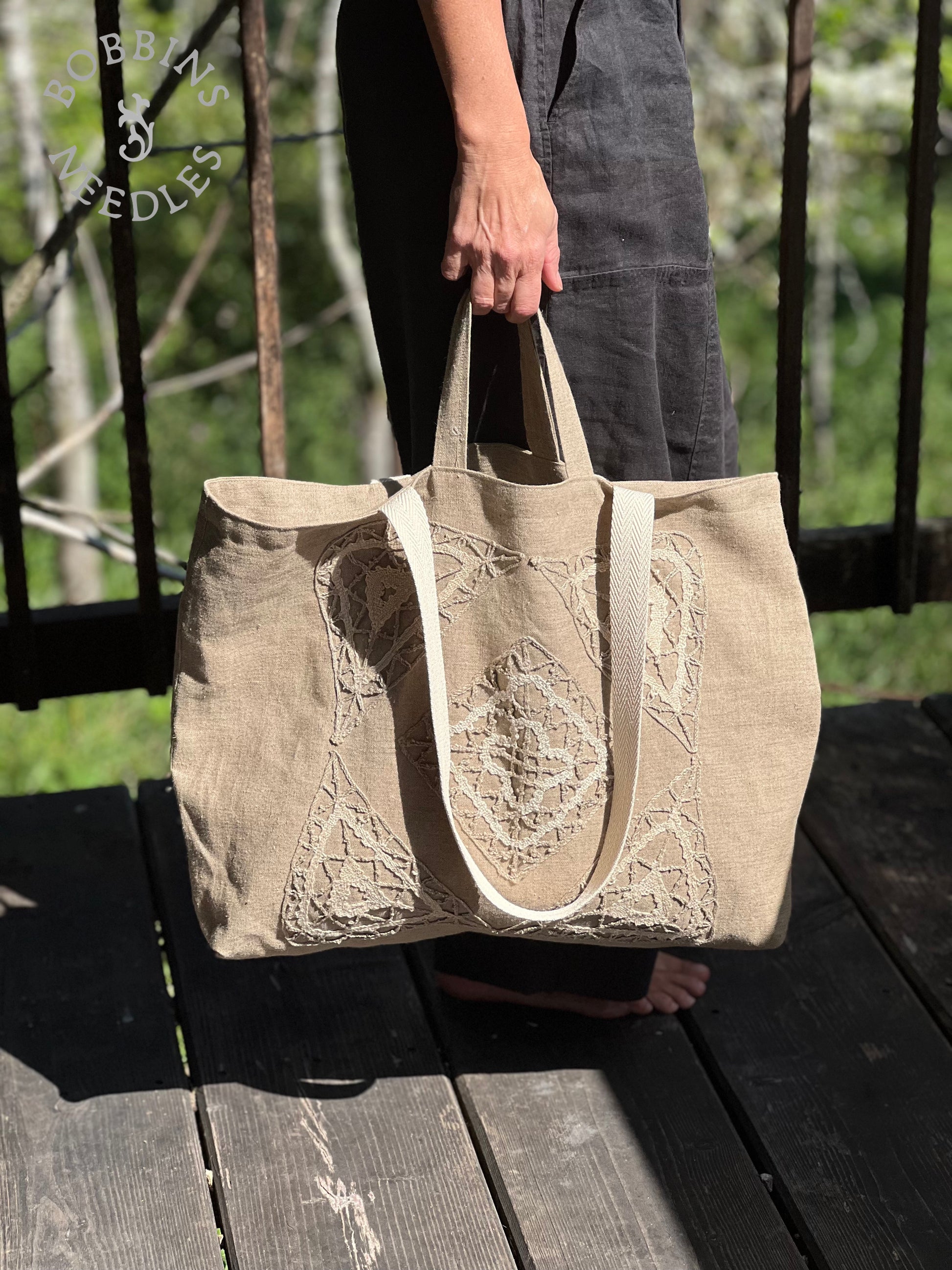 Large Tote Bag in Vintage Belgian Linen | Handmade Limited Edition | Taupe Grey - Bobbins&Needles