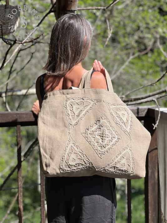 Large Tote Bag in Vintage Belgian Linen | Handmade Limited Edition | Taupe Grey - Bobbins&Needles