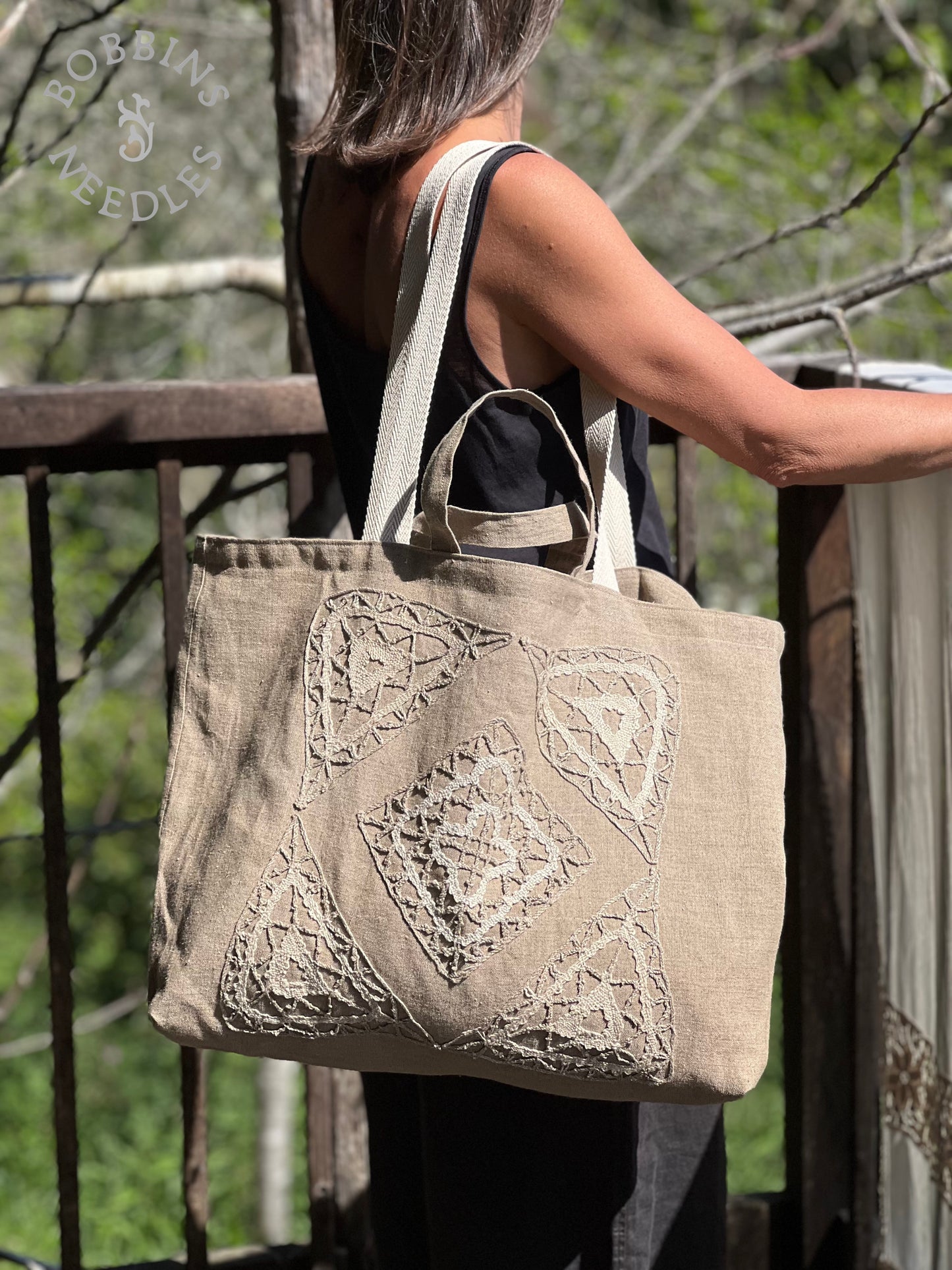 Large Tote Bag in Vintage Belgian Linen | Handmade Limited Edition | Taupe Grey - Bobbins&Needles